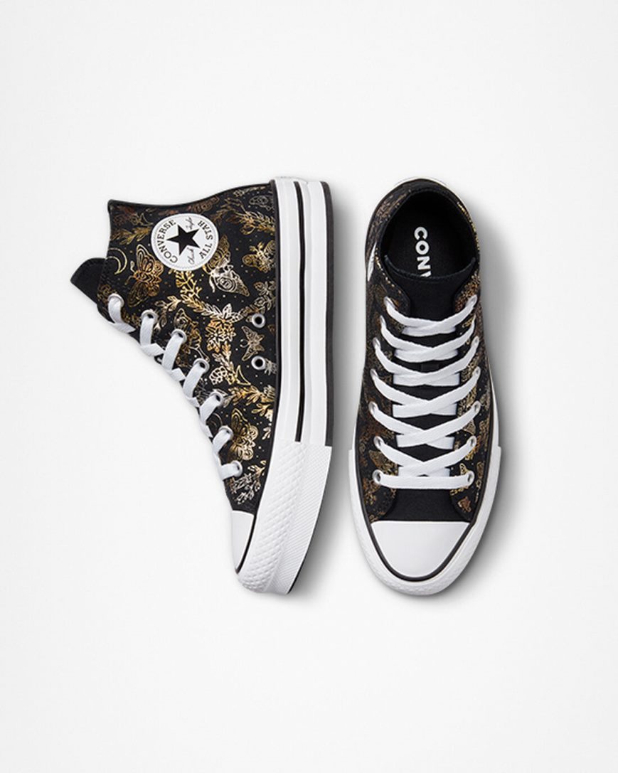 Dívčí Boty Na Platformy Converse Chuck Taylor All Star EVA Lift Butterfly Shine Vysoké Černé Zlaté Bílé | CZ XCOY76